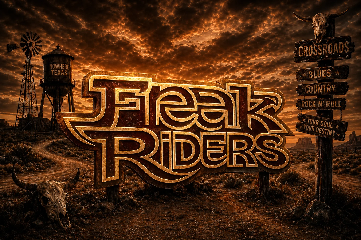 Logo Freak Riders no cruzamento do velho oeste